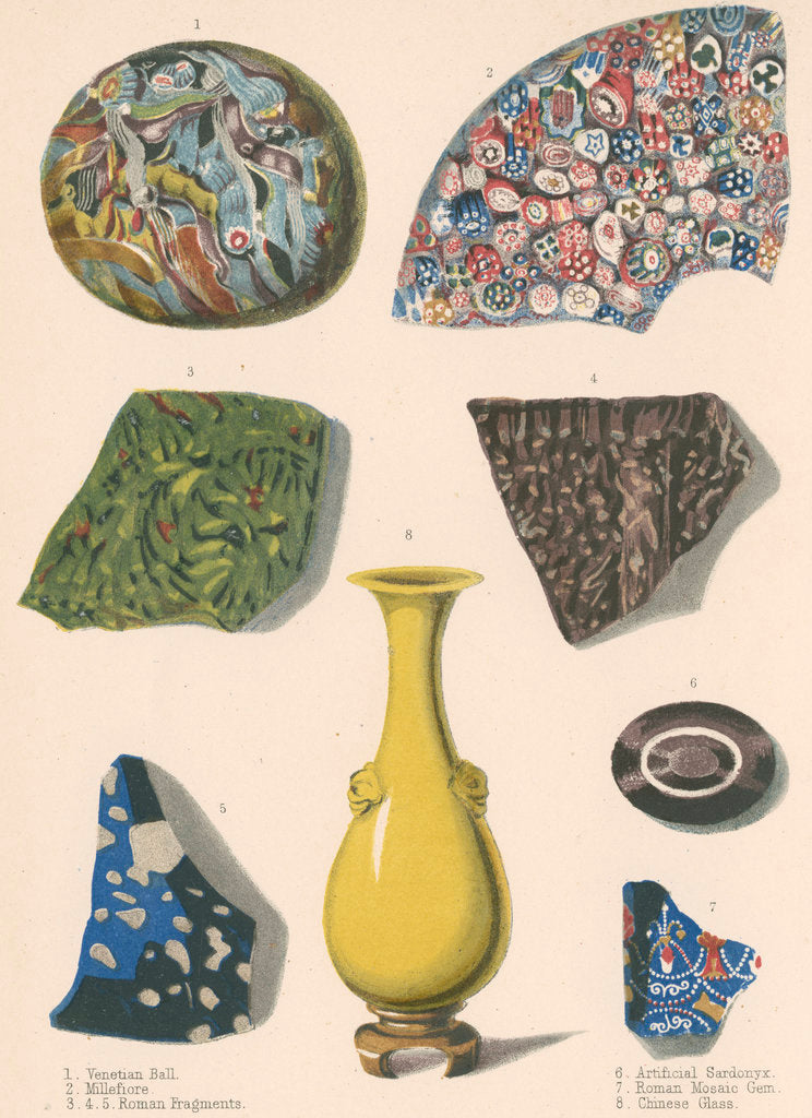 Detail of Specimens of fused coloured glass and a Chinese vase by J R Robbins