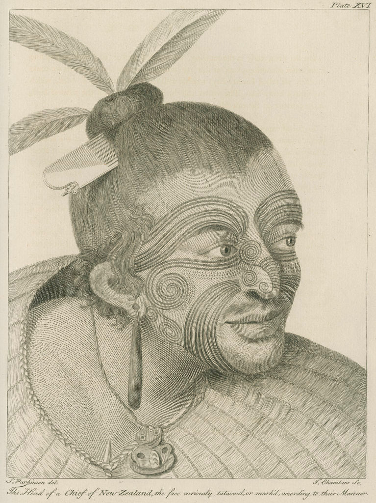 Detail of 'The Head of a Chief of New Zealand...' by Thomas Chambers