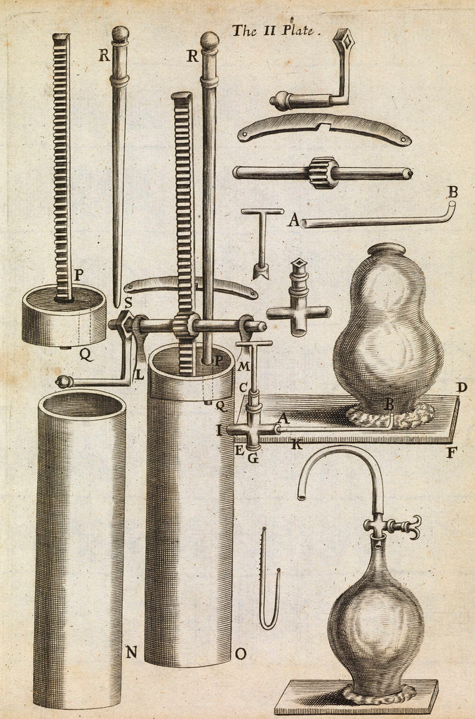 Detail of Component parts of Boyle's second air pump by Anonymous