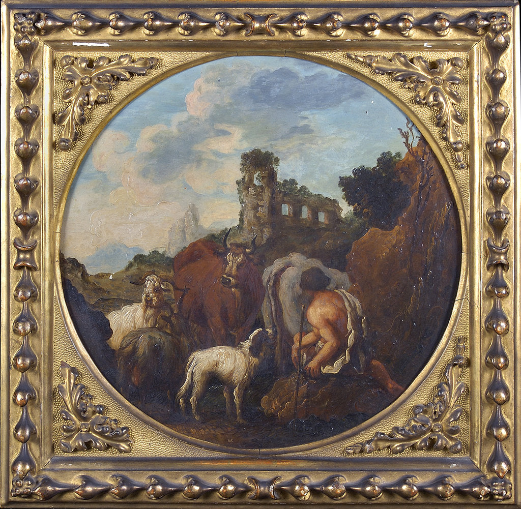 Detail of Rustic landscape with shepherd and animals by Philipp Peter Roos