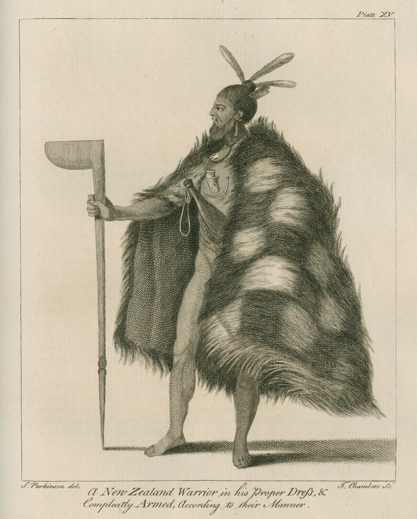 'A New Zealand Warrior in his Proper Dress.' by Thomas Chambers
