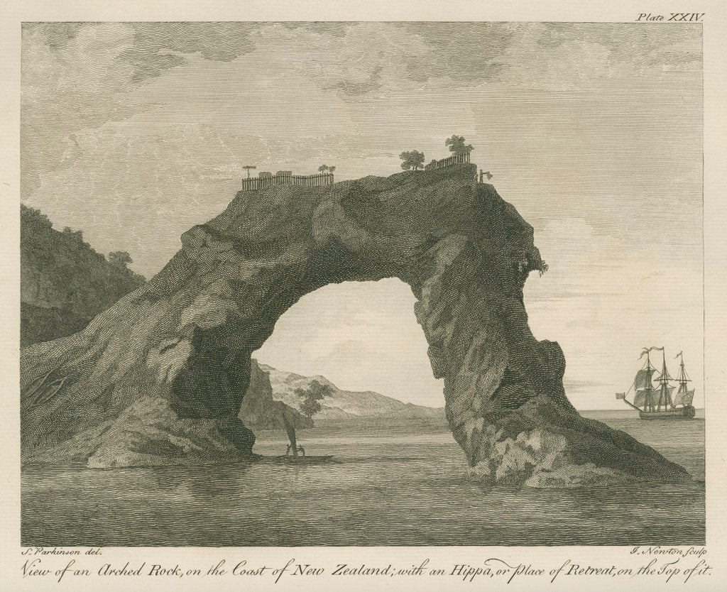 Detail of '... arched Rock, on the Coast of New Zealand; with an Hippa, or place of Retreat...' by James Newton