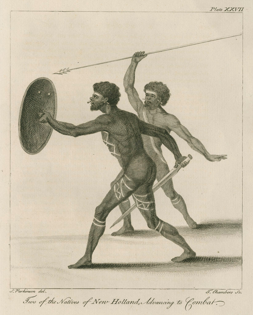 Detail of 'Two of the Natives of New Holland, Advancing to Combat' by Thomas Chambers