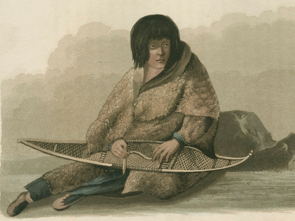'Green Stockings mending a snow shoe' by Edward Francis Finden