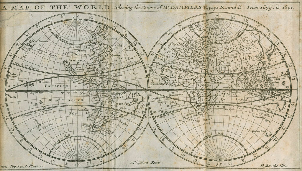Detail of Map of William Dampier's circumnavigation of the world, 1679-1691 by Herman Moll