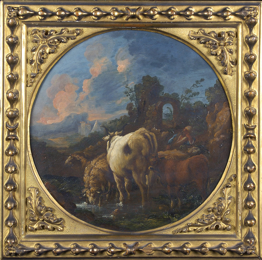 Detail of Rustic landscape with shepherd and animals by Philipp Peter Roos